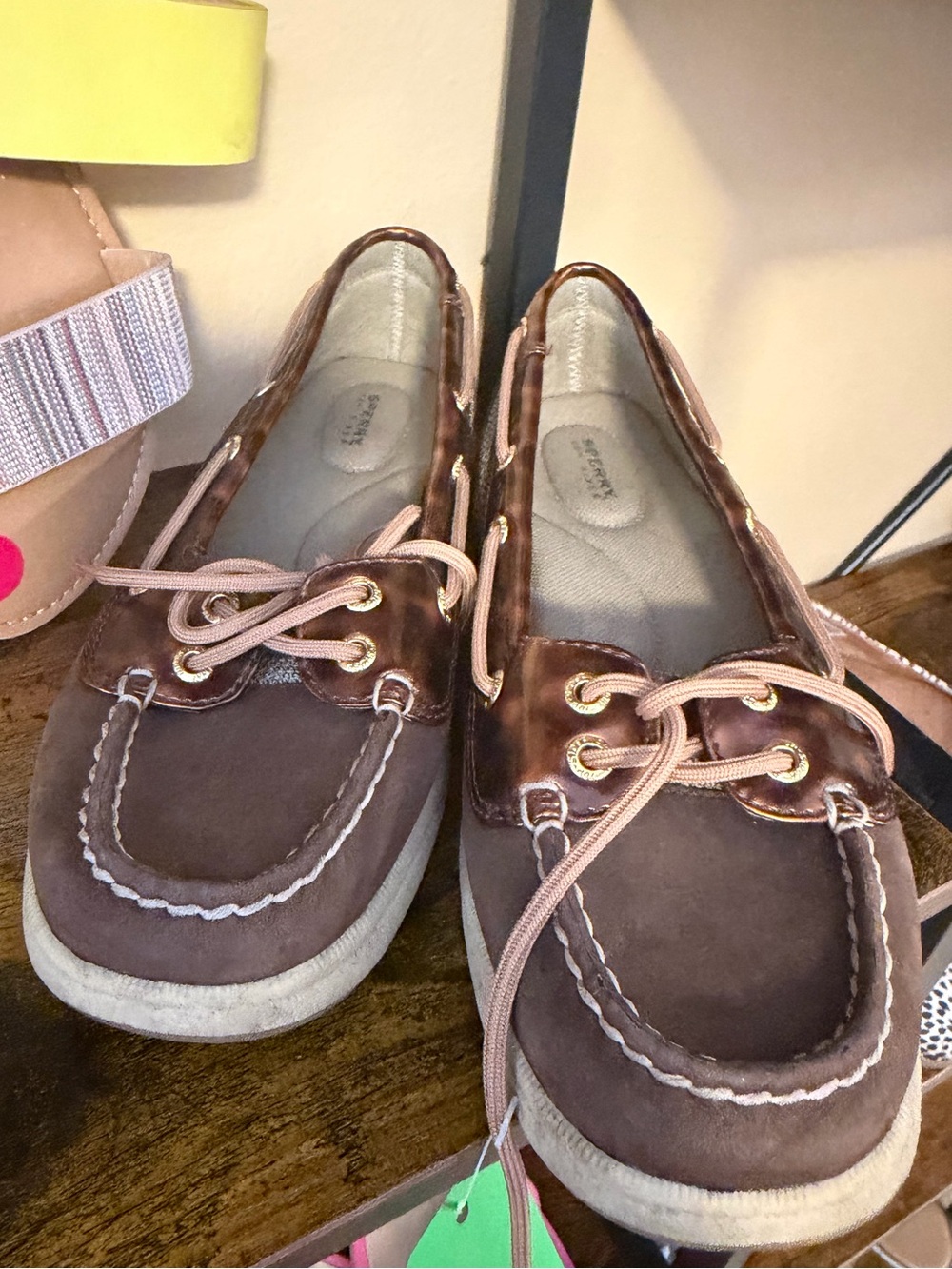 Sperry Brown Boat Shoes with Pink Laces